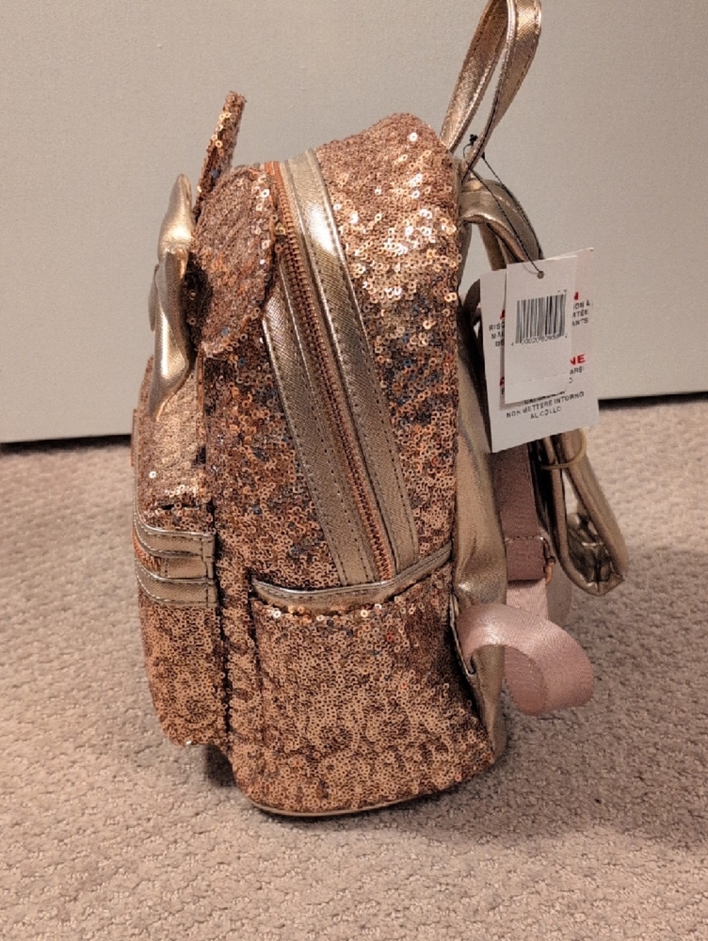 Loungefly Disney Parks Rose Gold Sequin Minnie Mouse Mini Backpack and Ears - Picture 5 of 9